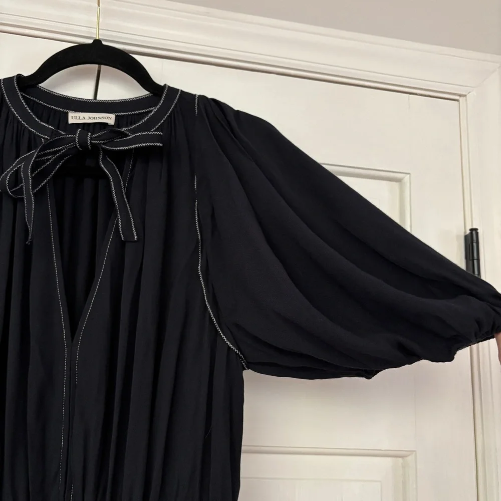 Ulla Johnson Leah Dress Noir Black Midi Puff Sleeve Contrast‎ Trim Size 10 Tie - Picture 12 of 16